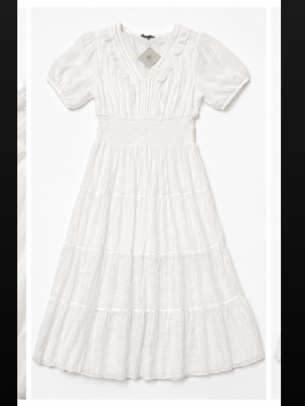 White Puff-Sleeve Tiered Smocked-Waist Midi Dress